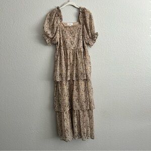 Bohme Boho Minimalist Chic Neutral Floral Modest Square Neck Midi Maxi Dress S